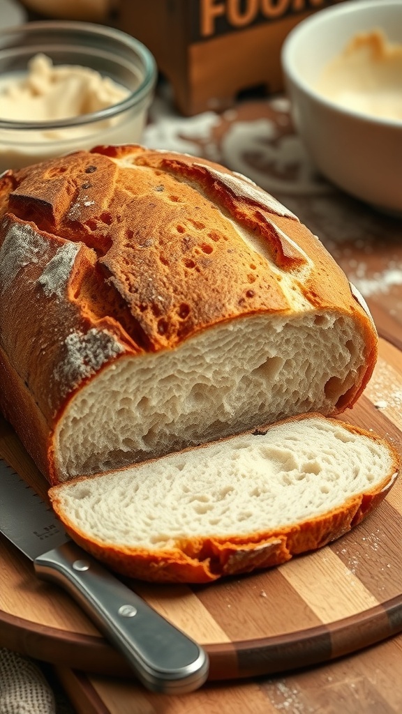 Simple 4-Ingredient Sourdough Bread Recipe A golden-brown crusty loaf of sourdough bread on a wooden board with a knife beside it.